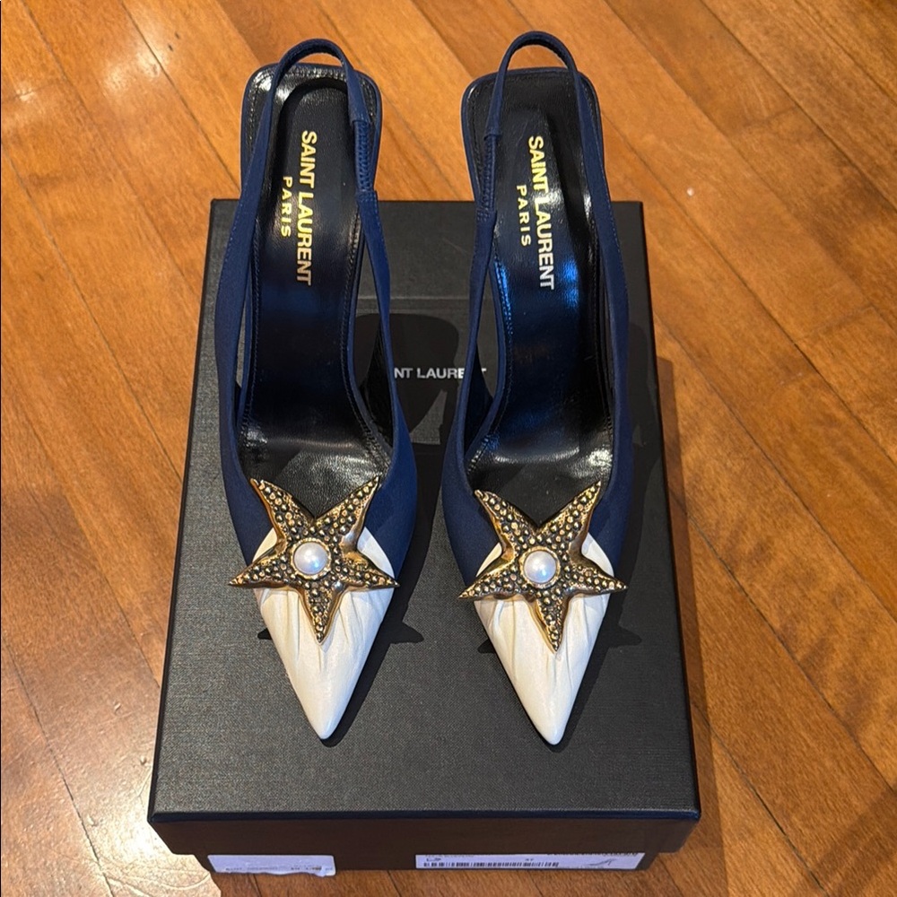 Saint Laurent Navy and White Star-Buckle Slingback Pumps